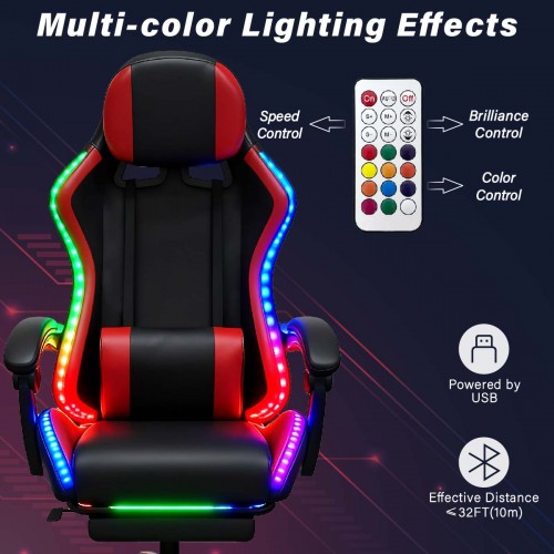 Gaming Καρέκλα με Μασάζ, Ηχεία Bluetooth & RGB LED Φωτισμό – Εργονομική με Υποπόδιο (Μαύρο/Κόκκινο)