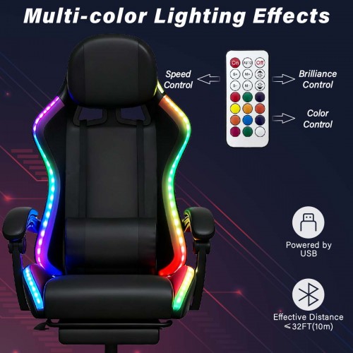 Gaming καρέκλα με μασάζ, ηχεία Bluetooth & RGB LED φωτισμό – εργονομική με υποπόδιο (μαύρο)