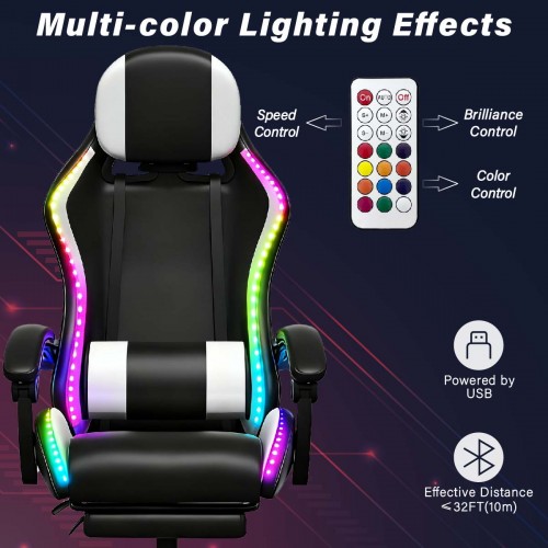 Gaming Καρέκλα με Μασάζ, Ηχεία Bluetooth & RGB LED Φωτισμό – Εργονομική με Υποπόδιο (Μαύρο/Άσπορο)