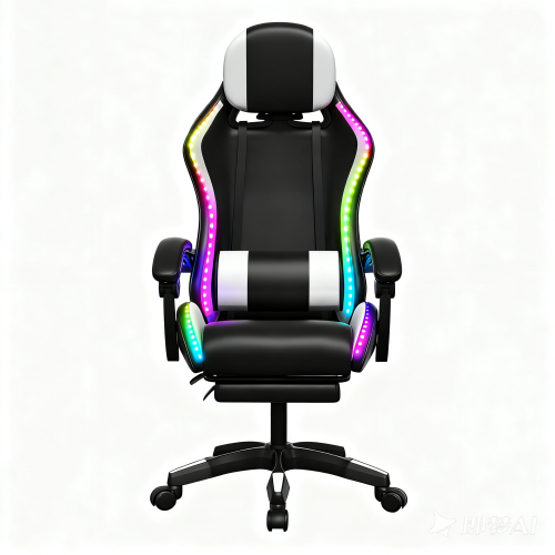 Καρέκλα γραφείου gaming με RGB φωτισμό δερματίνης, ανάκλιση και υποπόδιο σε μαύρο-άσπρο