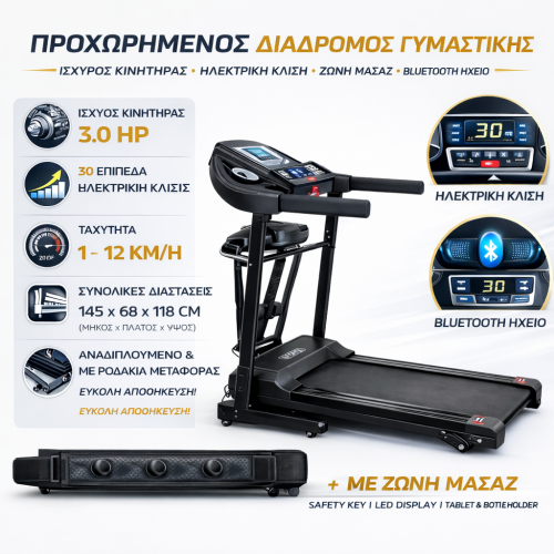 Ηλεκτρικός Διάδρομος Γυμναστικής Πολυλειτουργικός με Μασάζ, Ηλεκτρική Κλίση,ηχεια Βluetooth & Οθόνη LCD PowerRun X300