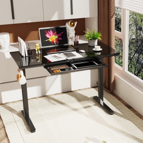 Gaming E-DESK G6 120x60cm / Γυαλινη επιφανεια / Ρυθμιζομενο Υψος  / USB& C-TYPE  Θυρες / Συρταρι Αποθηκευσης χρωμα Μαυρο 