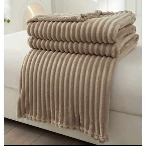 Κουβέρτα Fleece υπέρδιπλη 220*240 βελούδινη με ρίγες  Μπεζ