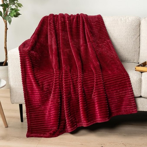 Κουβέρτα Fleece υπέρδιπλη 220*240 βελούδινη Μπορντό με Ρίγες
