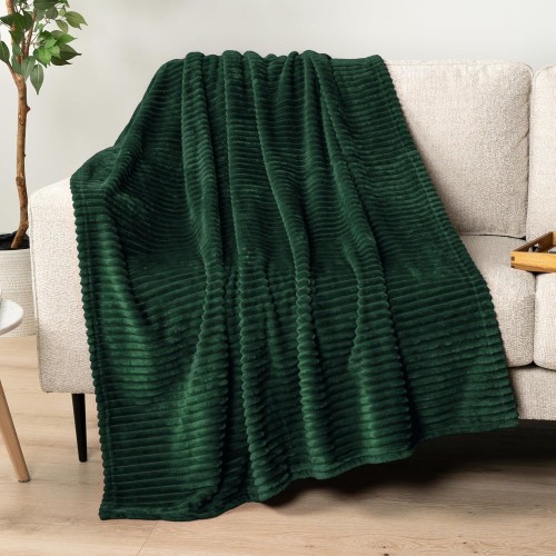 Κουβέρτα Fleece υπέρδιπλη 220*240 βελούδινη πράσινη με ρίγες