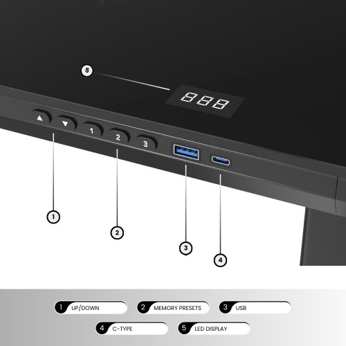 Gaming E-DESK G6 120x60cm / Γυαλινη επιφανεια / Ρυθμιζομενο Υψος  / USB& C-TYPE  Θυρες / Συρταρι Αποθηκευσης χρωμα Μαυρο 
