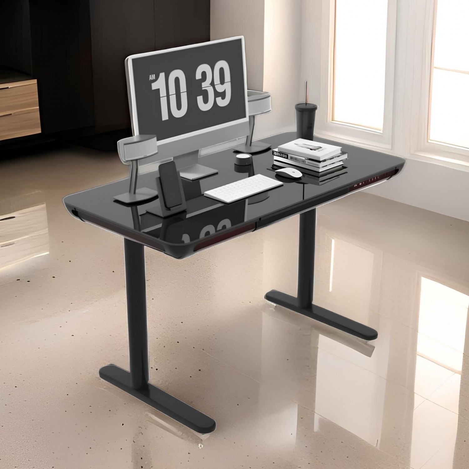 Gaming E-DESK G3 120x60cm / Γυαλινη επιφανεια / Ρυθμιζομενο Υψος / RGB LED / USB& C-TYPE  Θυρες / Συρταρι Αποθηκευσης Χρωμα Μαυρο 
