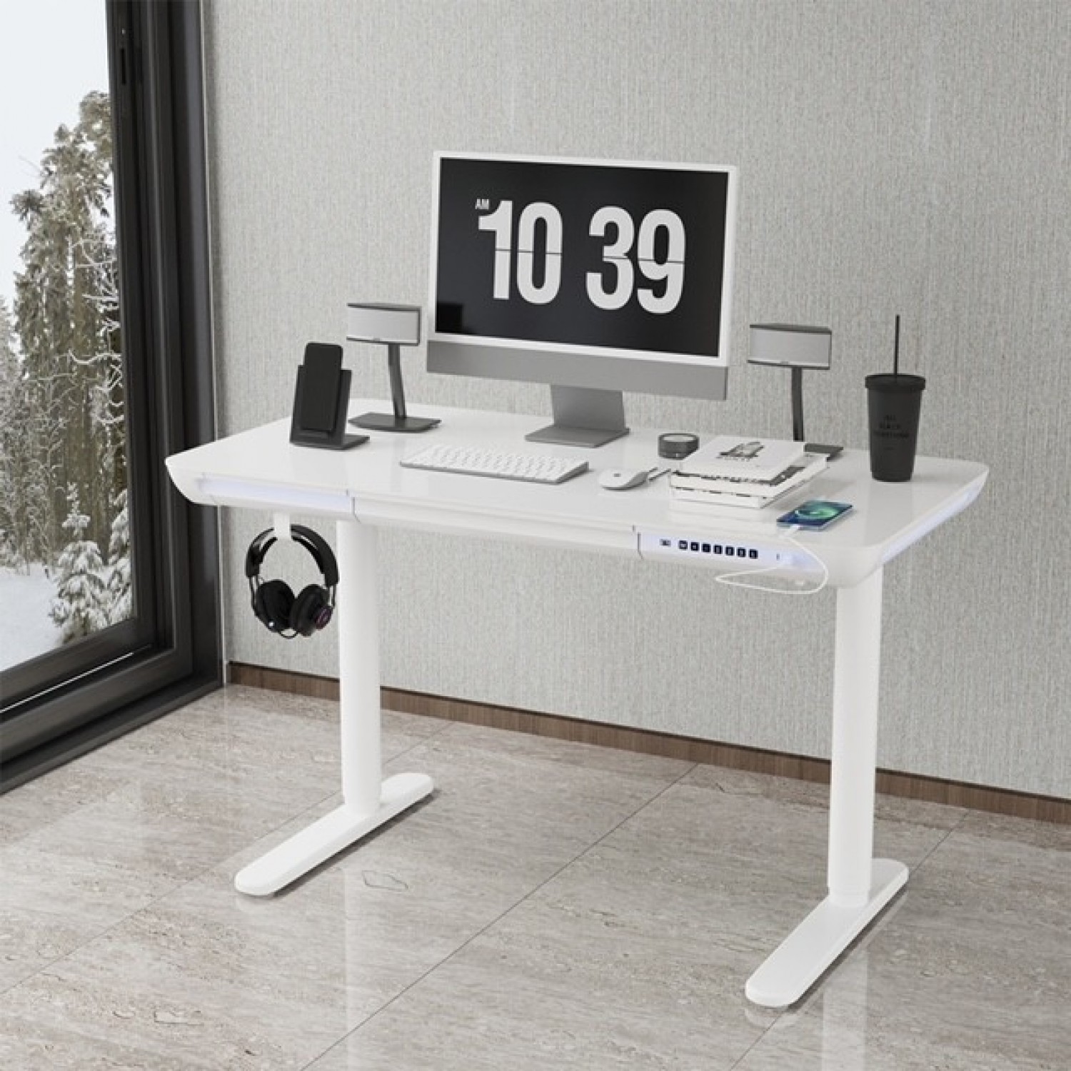 Gaming E-DESK G3 120x60cm / Γυαλινη επιφανεια / Ρυθμιζομενο Υψος / RGB LED / USB& C-TYPE  Θυρες / Συρταρι Αποθηκευσης Χρωμα Λευκο 