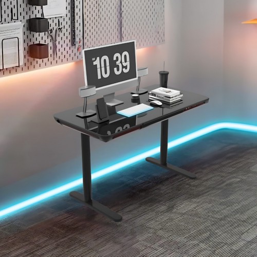 Gaming E-DESK G3 120x60cm / Γυαλινη επιφανεια / Ρυθμιζομενο Υψος / RGB LED / USB& C-TYPE  Θυρες / Συρταρι Αποθηκευσης Χρωμα Μαυρο 